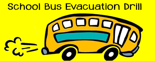 yellow bus with evacuation drill on it