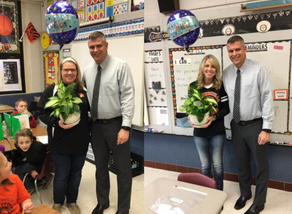 two images of a man posed with a teacher holding flowers