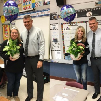 two images of a man posed with a teacher holding flowers